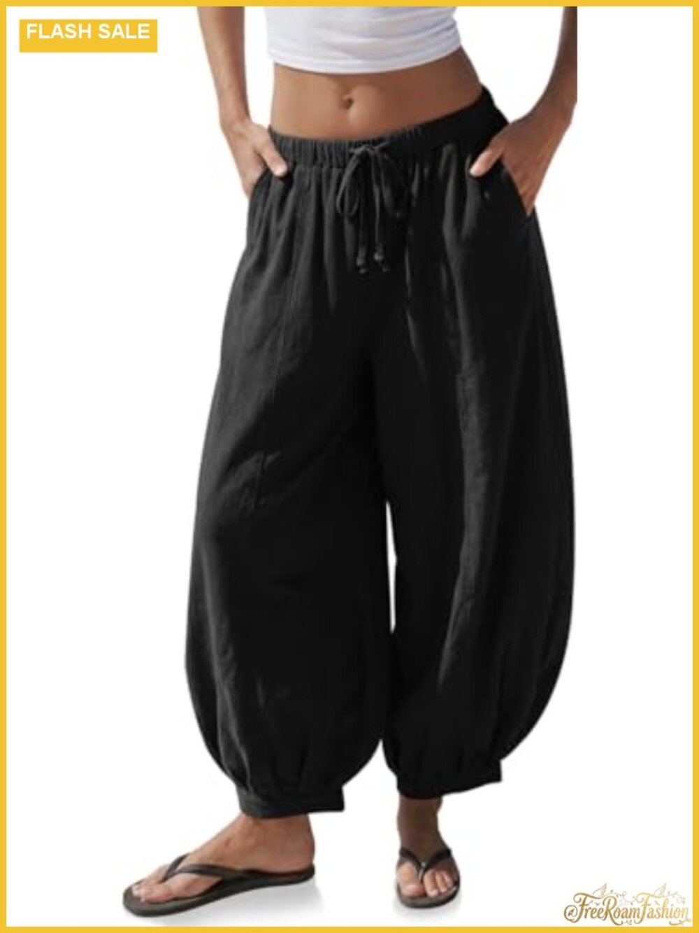 Women's Linen Wide Leg Balloon Pants Flowy Casual Drawstring